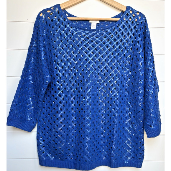 Chico's Sweaters - Chicos Size 1 | M /8 Sasha Sequin Pullover Sweater Royal Blue Open Knit Sparkly
